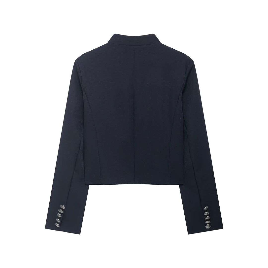 Women Short Military-Inspired Wool Blend Blazer with Stand-Up Collar and Decorative Cord Detail Amarae