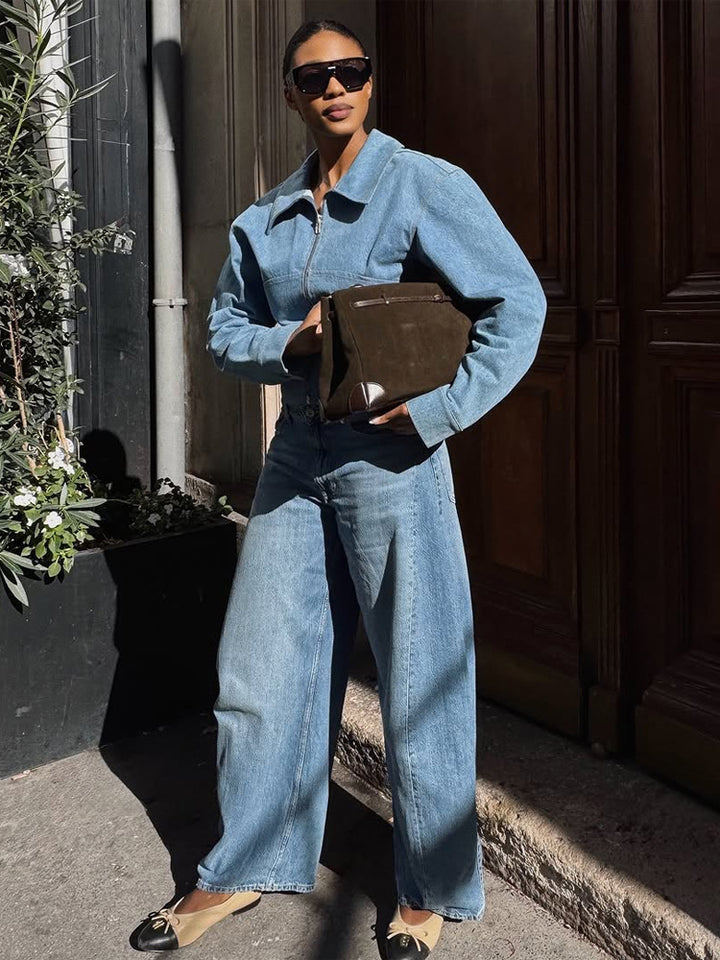 Women's short-cut denim jacket with zip and defined shoulder line Amarae