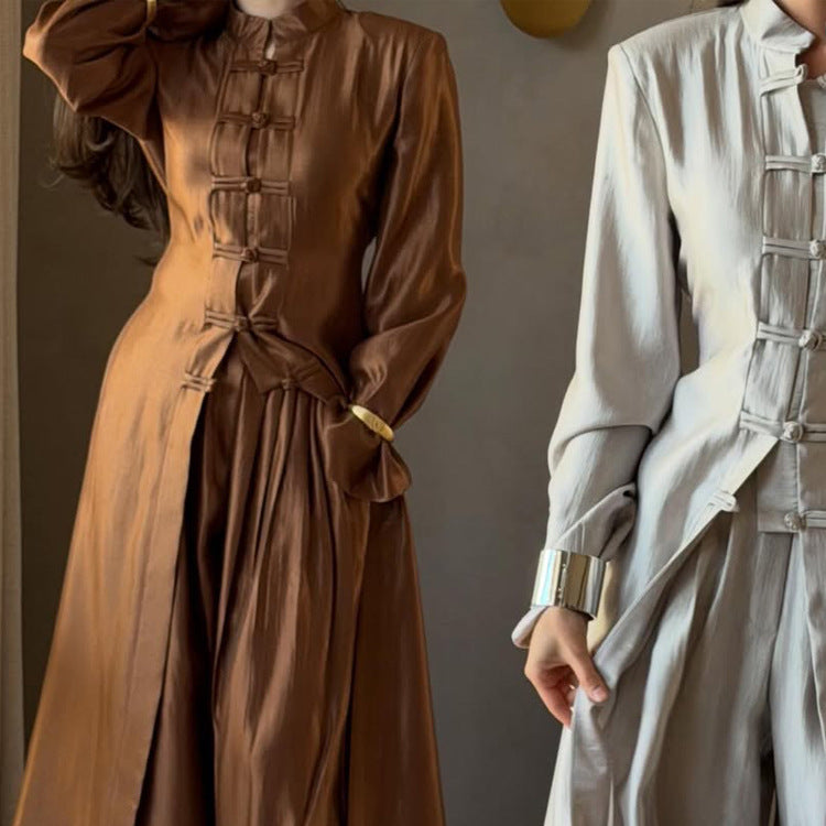Women’s maxi dress with stand-up collar, traditional knot closure, and balloon sleeves Amarae