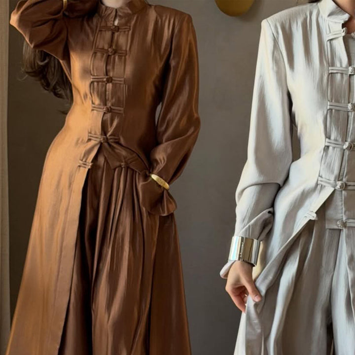 Women’s maxi dress with stand-up collar, traditional knot closure, and balloon sleeves Amarae