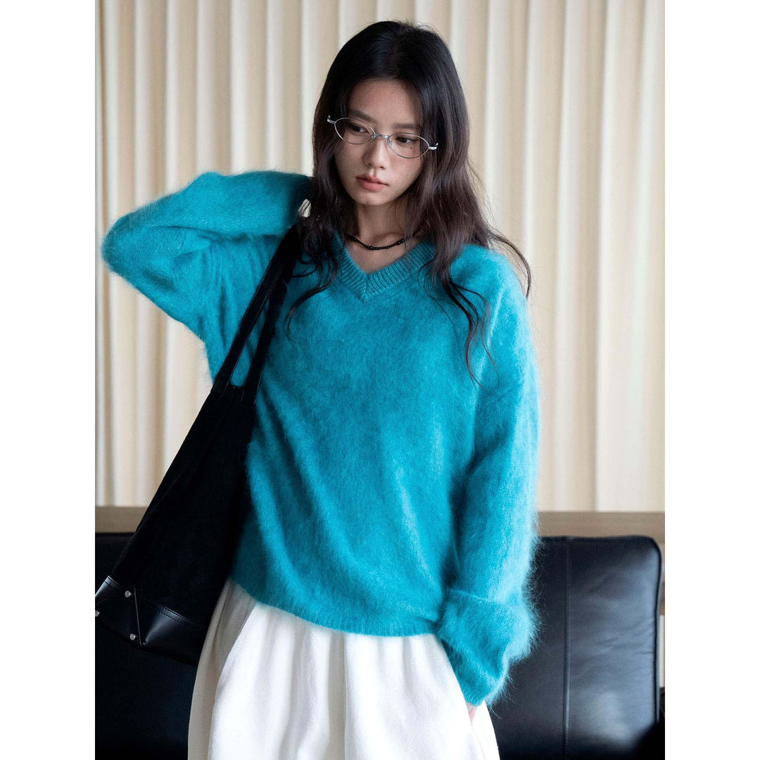 Women's Soft Fluffy V-Neck Sweater with Loose Silhouette Amarae