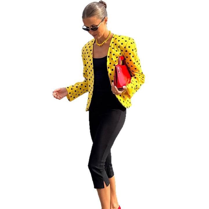 Women’s short blazer in vintage dot pattern, boxy cut & lightweight linen mix Amarae