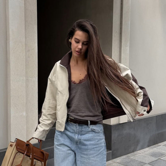 Women's Lightweight Bomber Jacket in Colorblock Style with High Stand-Up Collar Amarae