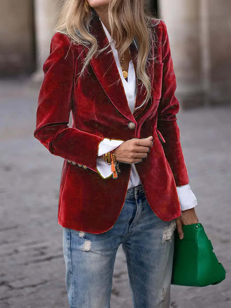 Ladies Elegant tailored velvet blazer with notch lapels and single-button Amarae