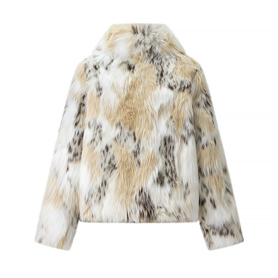 Women Short Faux Fur Jacket with Stand-Up Collar and Boxy, Cropped Cut Amarae