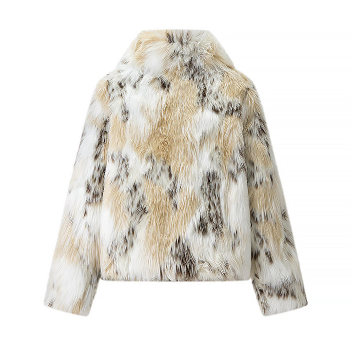 Women Short Faux Fur Jacket with Stand-Up Collar and Boxy, Cropped Cut Amarae
