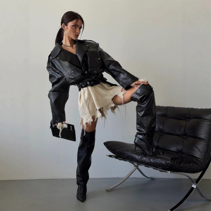 Women's Oversized Biker Jacket made of vegan leather imitation with waist belt & epaulettes Amarae
