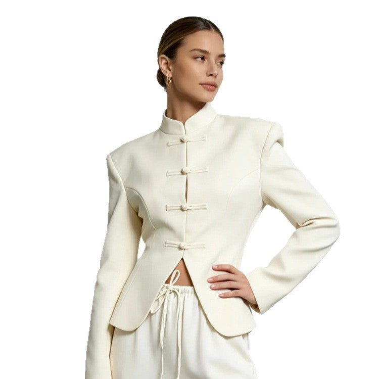 Women's Sculpted Blazer with Stand Collar, Decorative Knot Closures and Tailored Silhouette Amarae