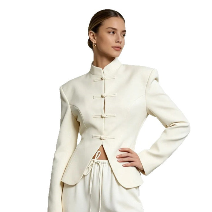 Women's Sculpted Blazer with Stand Collar, Decorative Knot Closures and Tailored Silhouette Amarae