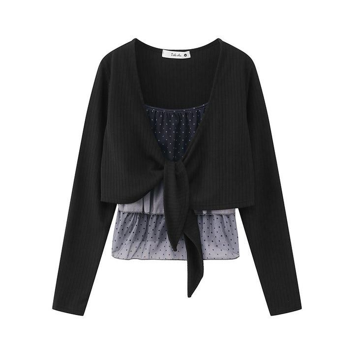 Women's Two-Piece Long Sleeve Top with Knot Front and Delicate Chiffon Under Top Amarae