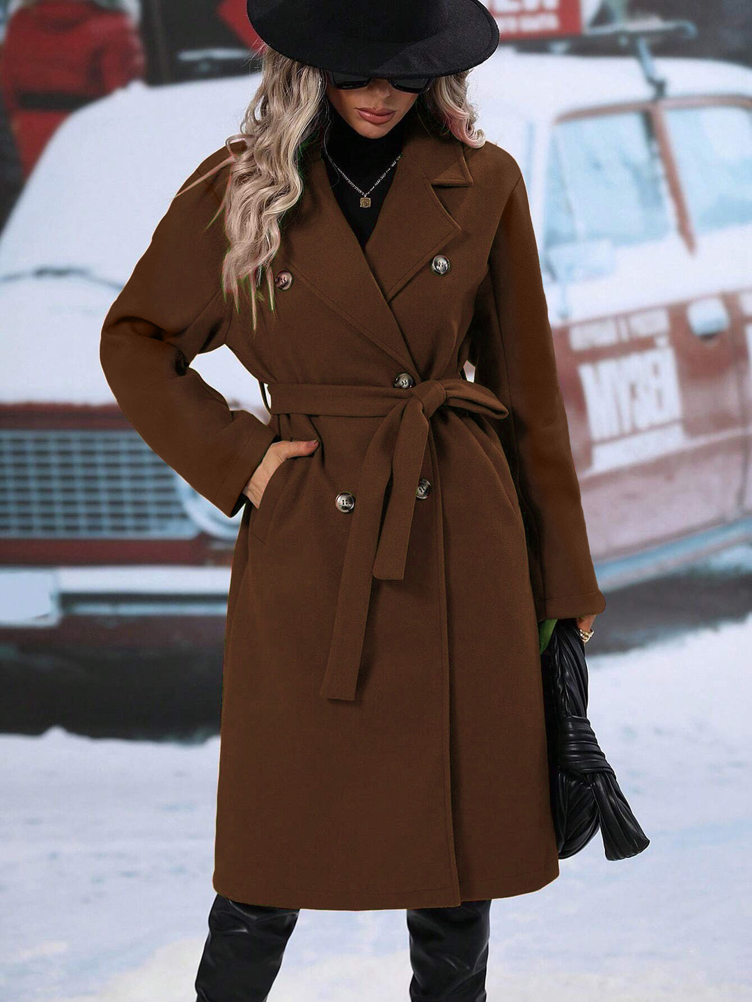 Ladies Elegant wool coat with double-breasted buttoning and practical tie belt Amarae