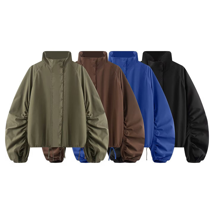 Women's transitional jacket with wide balloon sleeves, stand-up collar and drawstring.