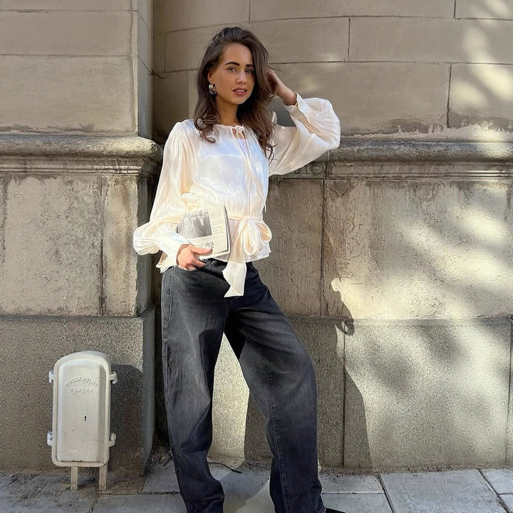 Women Elegant Wrap Blouse with Tie Belt and Voluminous Balloon Sleeves Amarae