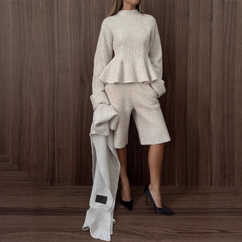 Women's fine knit two-piece set with fitted peplum sweater and high-waist bermuda Amarae