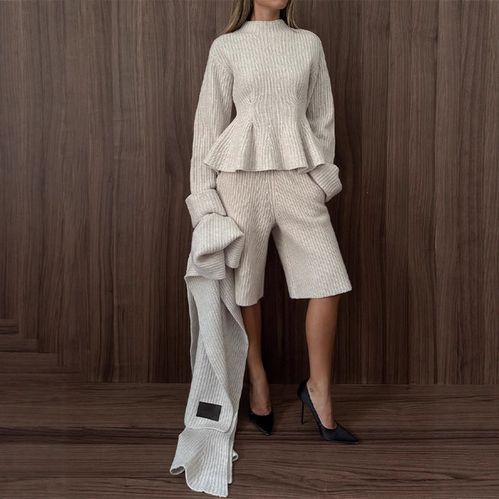 Women's fine knit two-piece set with fitted peplum sweater and high-waist bermuda Amarae