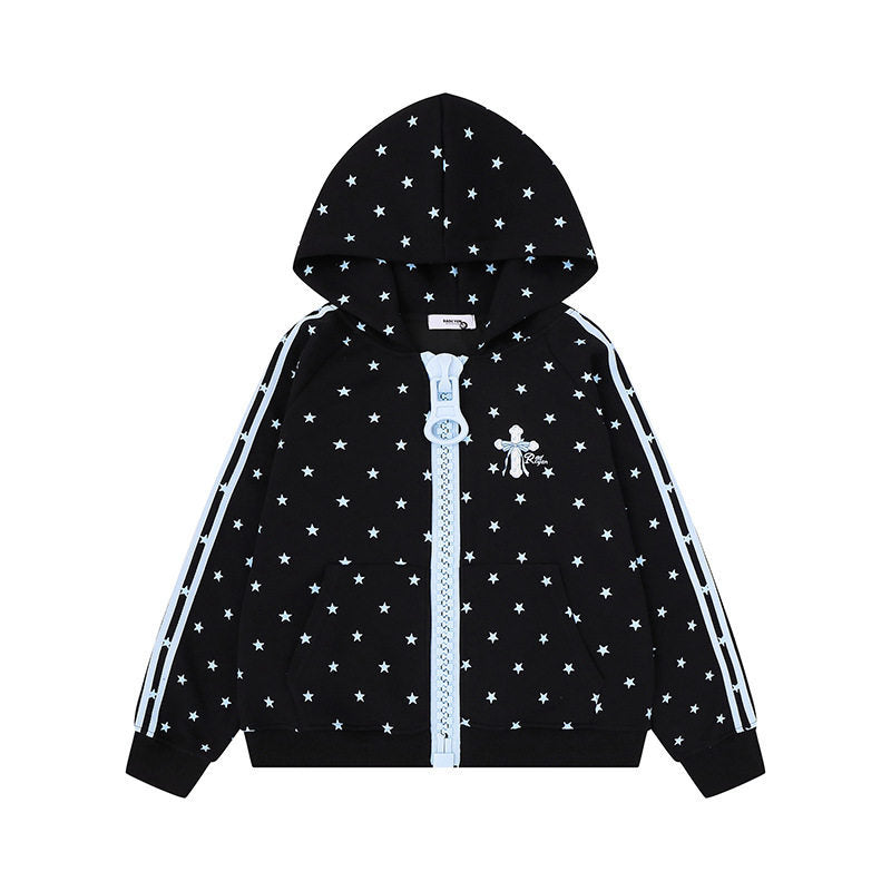 Women's hoodie sweatshirt with star all-over print, wide contrast zipper and side stripes Amarae