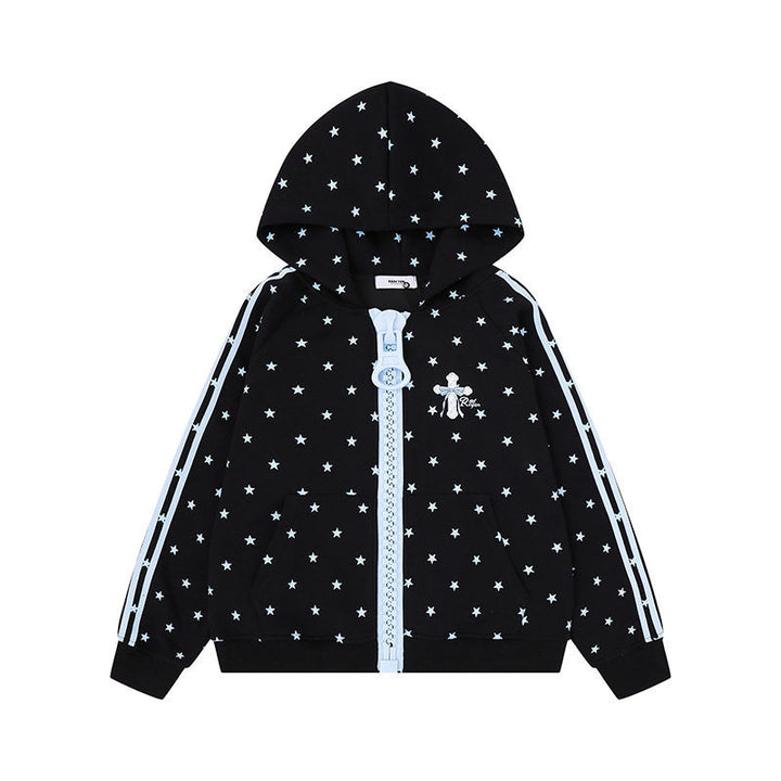 Women's hoodie sweatshirt with star all-over print, wide contrast zipper and side stripes Amarae