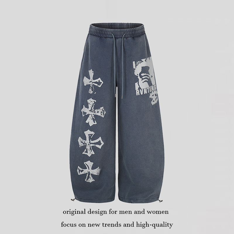 Women's Extra Wide Palazzo Sweatpants with Drawstring Waist, Adjustable Hem, and Gothic Print Amarae