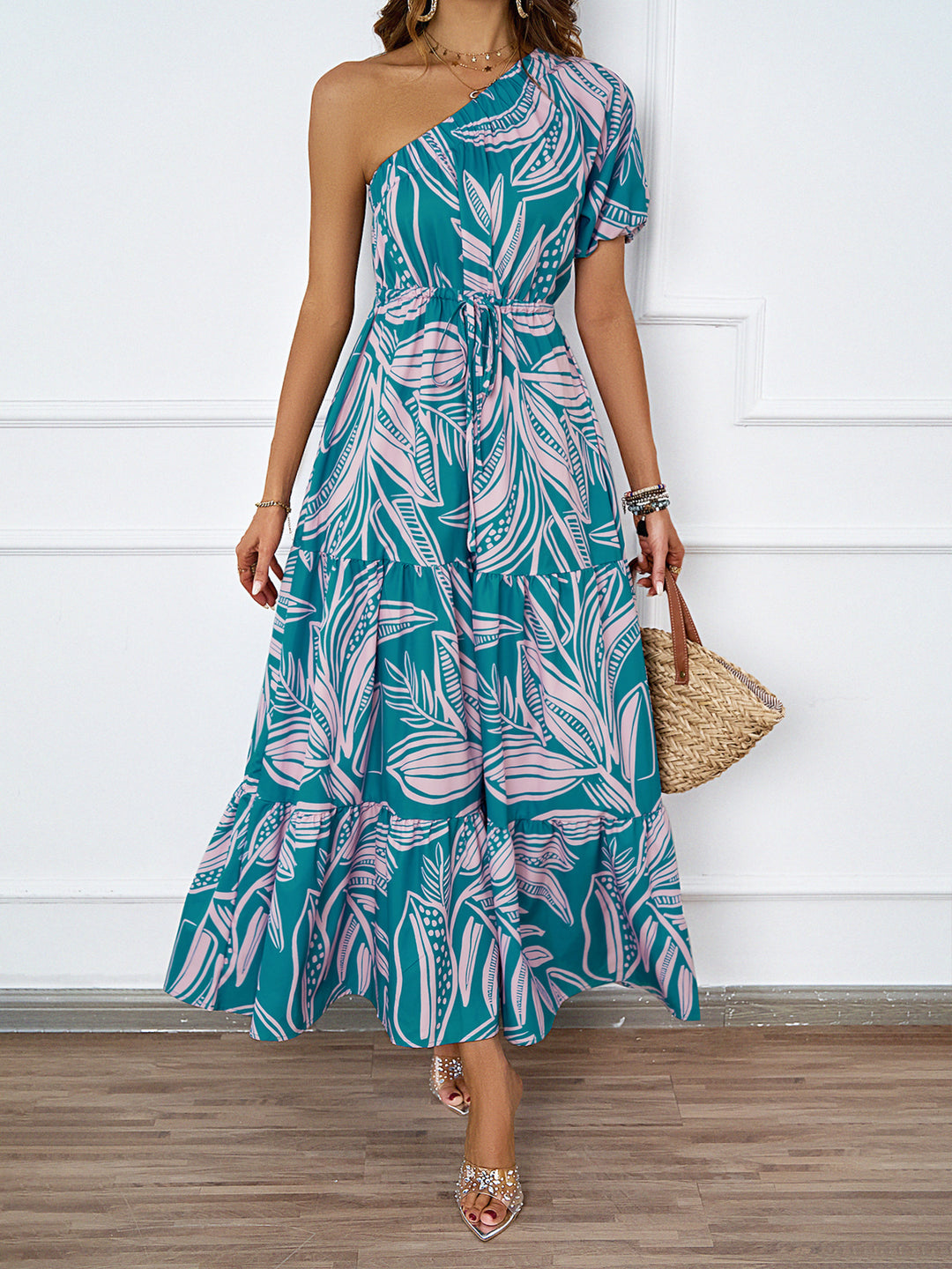 Women's maxi dress in asymmetrical design with floral pattern and wrap belt Lune London