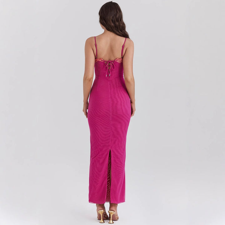 Women's fitted maxi dress with transparent hem and romantic lace accent Lune London