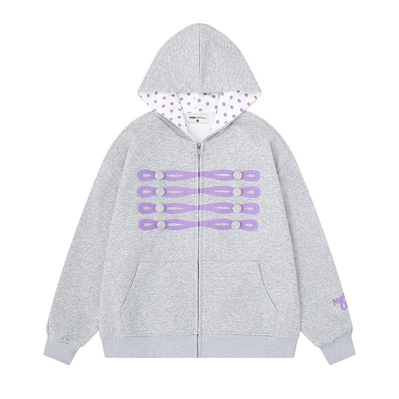 Women's oversized hooded sweatshirt jacket with decorative button print and polka dot hood lining Amarae