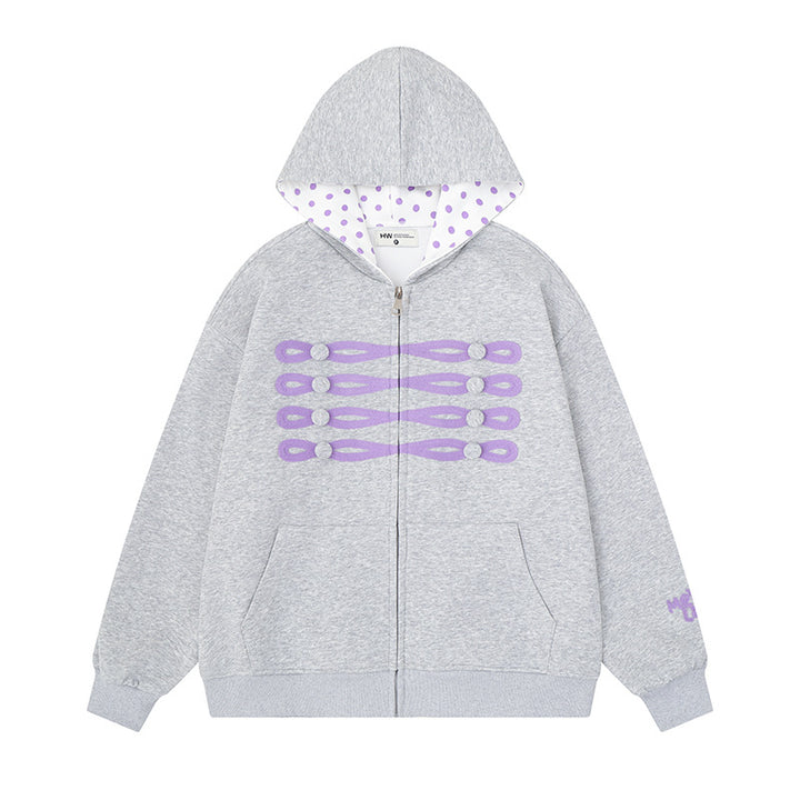 Women's oversized hooded sweatshirt jacket with decorative button print and polka dot hood lining Amarae