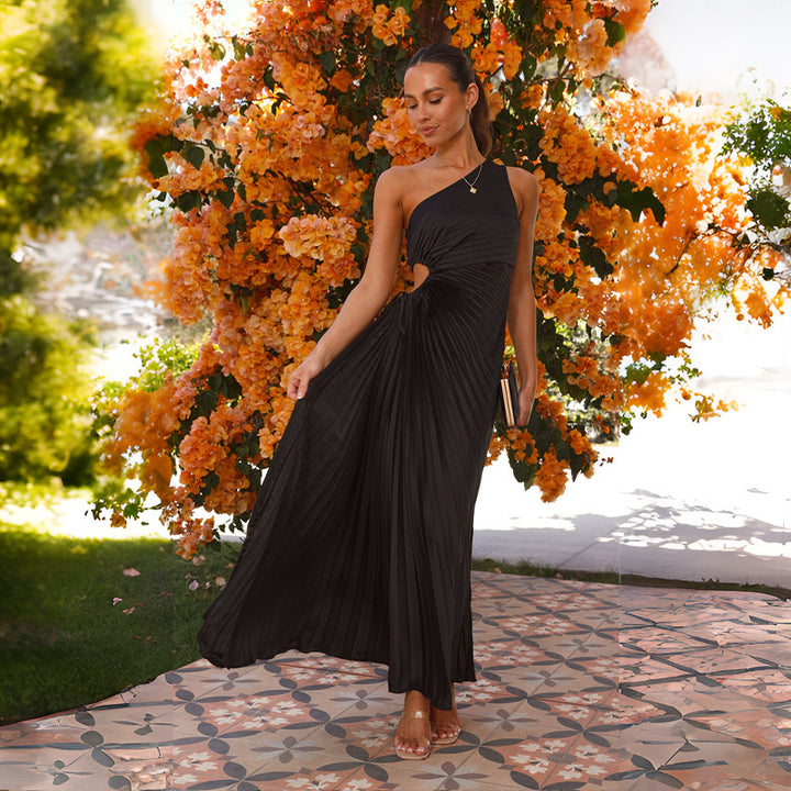 Ladies Pleated Maxi Dress with Asymmetric Neckline and Side Cut-Out Lune London