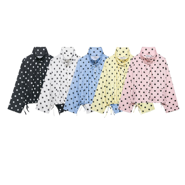 Women's lightweight blouse in polka dot design with stand-up collar, drawstring hem and button placket Amarae