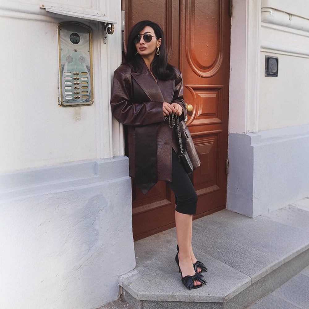 Ladies Oversized Blazer Coat in Crocodile Embossing with Shawl Collar and Tie Belt Amarae