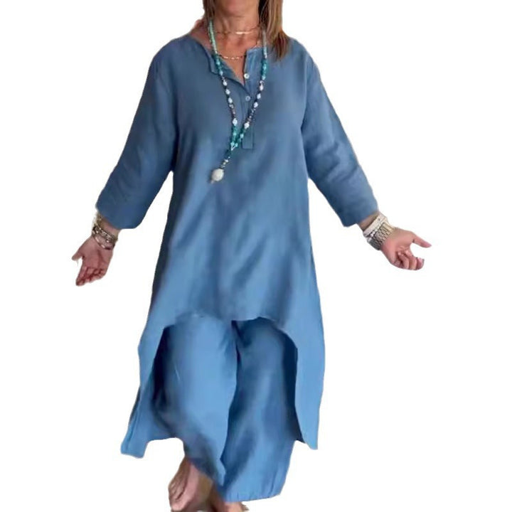 Women's Midi-Length Linen Tunic Set with Asymmetric Hem and Wide Palazzo Pants Amarae