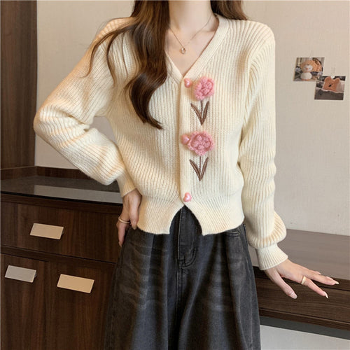 Knitted jacket for women with floral appliqués and V-neck Amarae