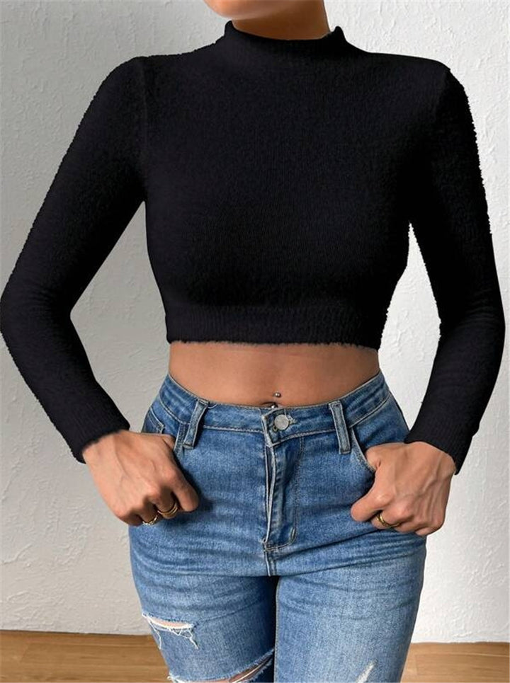 Femmes haut de gamme, courte top en tricot doux avec design col haut Chic & Stil