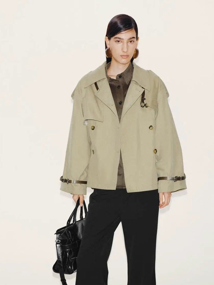Women Short Boxy Trench Coat with Wide Lapels, Shoulder Straps and Adjustable Cuffs Amarae