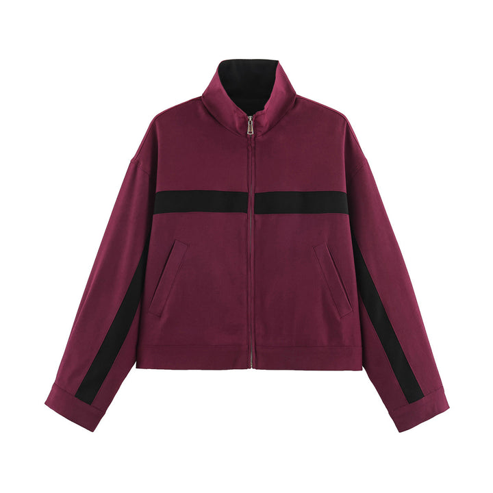 Ladies Cropped Track Jacket with Stand-up Collar, Zipper and Side Contrast Stripes Amarae