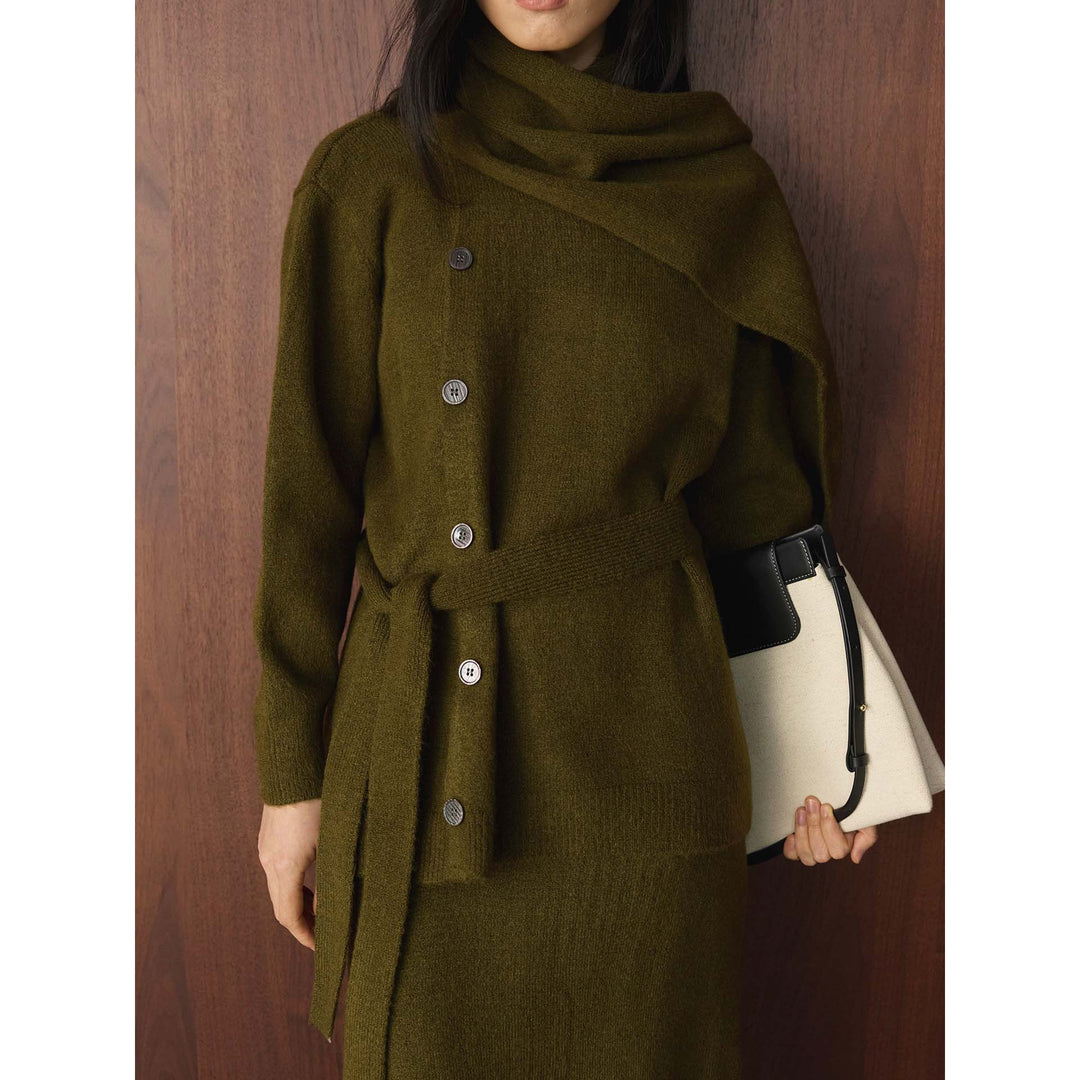 Women's Buttoned Knit Coat with Ties and Maxi Skirt Amarae