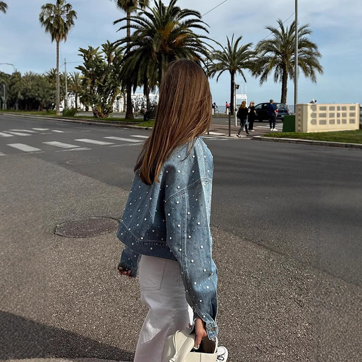 Women Cropped Denim Jacket with Pearl Detail and Oversized Sleeves Amarae