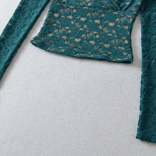 Women's Figure-hugging Lace Top with Wrap V-neck and Long Sleeves Amarae