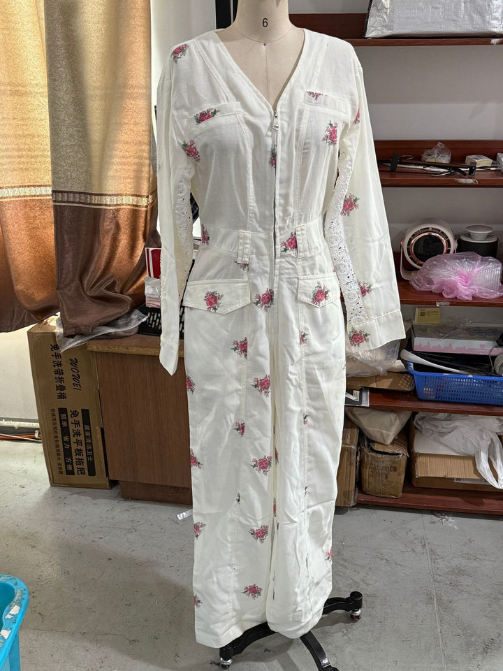 Women's Lightweight Long Jumpsuit with V-Neck, Zipper, Lace Inserts, and Floral Print Amarae