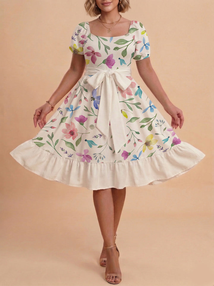 Women's floral dress with adjustable belt and voluminous sleeves Lune London