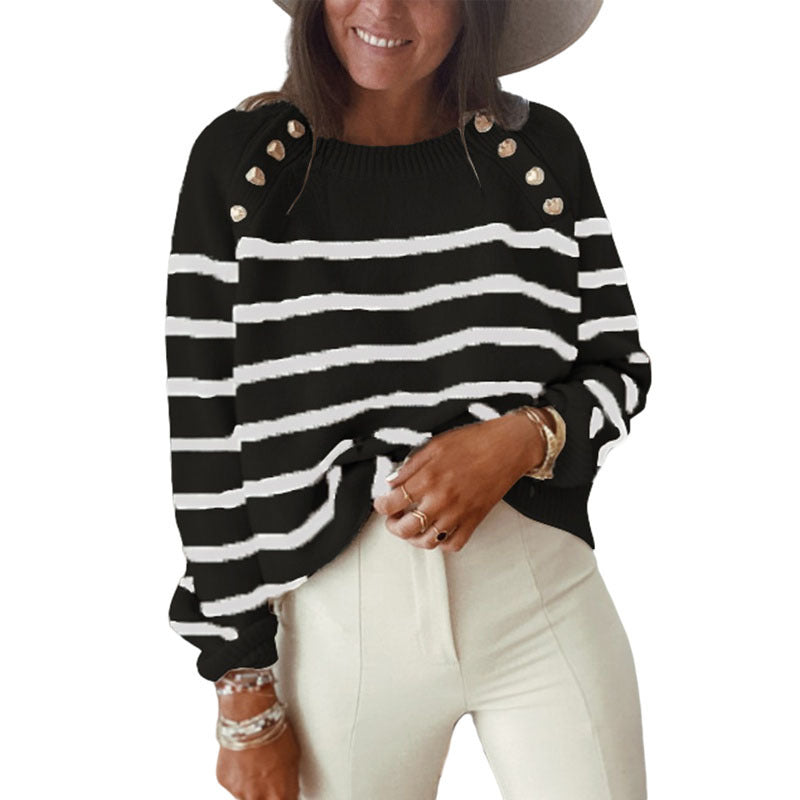 Casual knit sweater for women with modern stripes and decorative button details Lune London