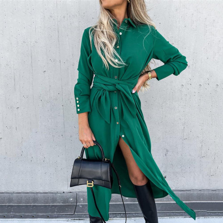 Shirt dress for women with a belt at the waist and long slit Lune London