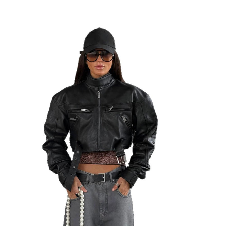 Women Cropped Boxy Biker Jacket made of vegan leather with high standing collar, zippered pockets & buckle detail Amarae