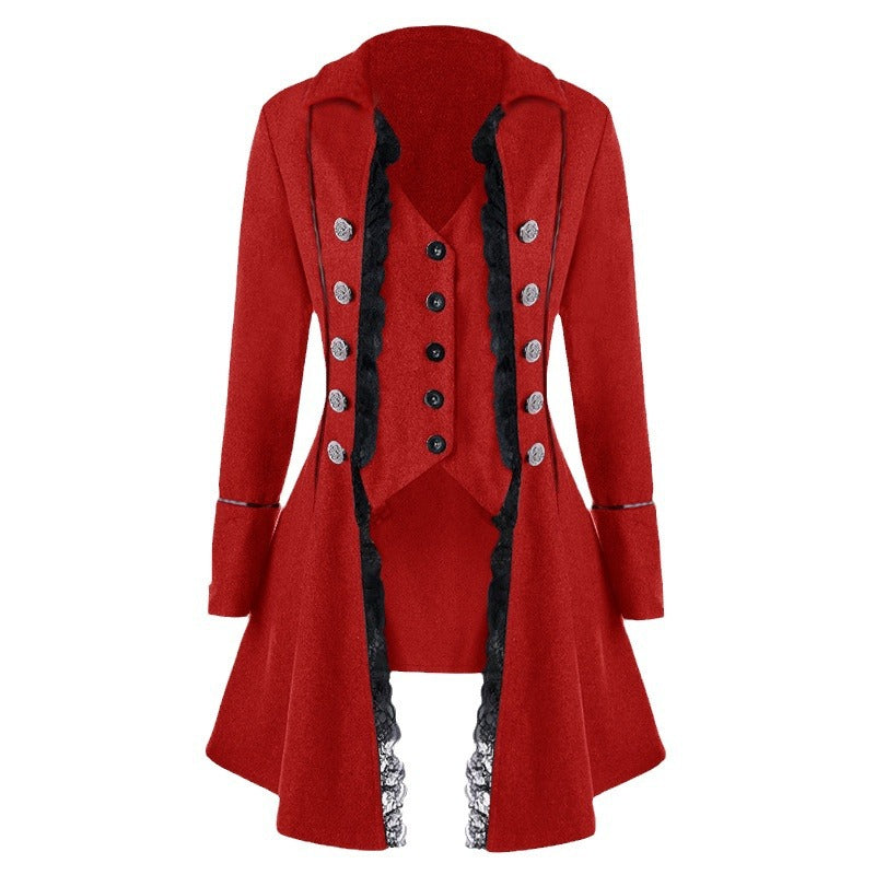 Ladies elegant traditional coat with delicate lace inserts and refined button details Amarael