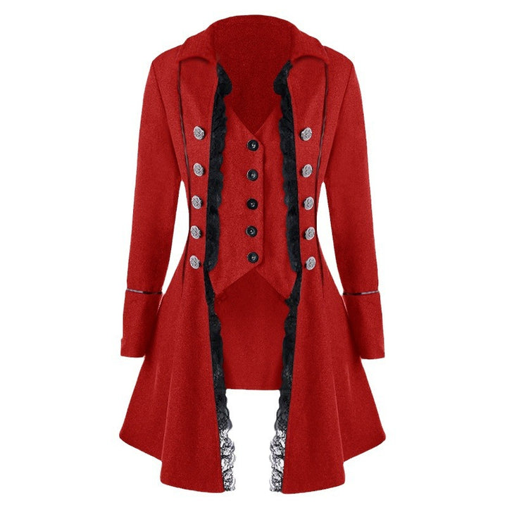 Ladies elegant traditional coat with delicate lace inserts and refined button details Amarael