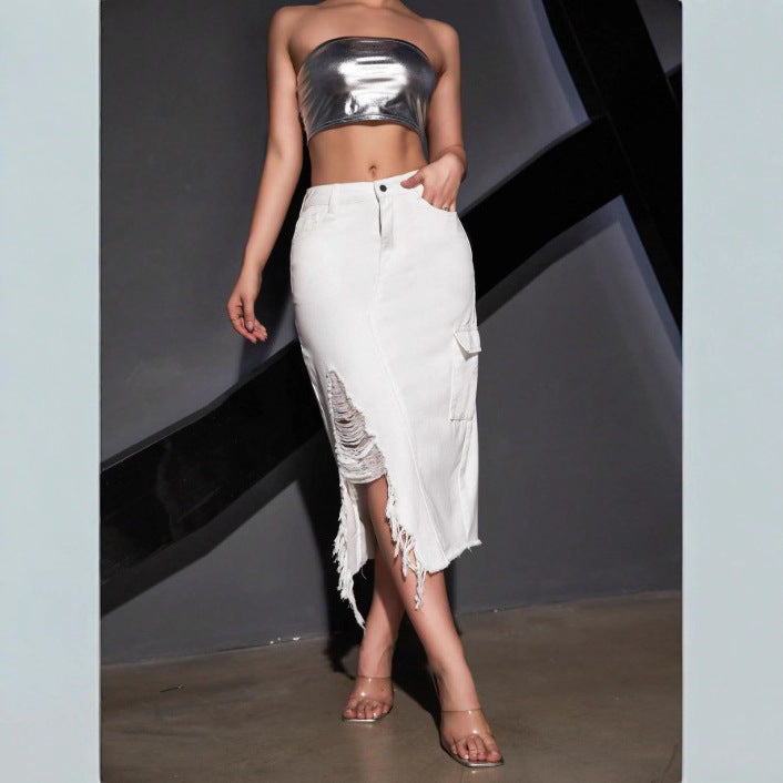 Women's midi skirt made of denim with side cargo pocket, high waist and destroyed slit Amarae