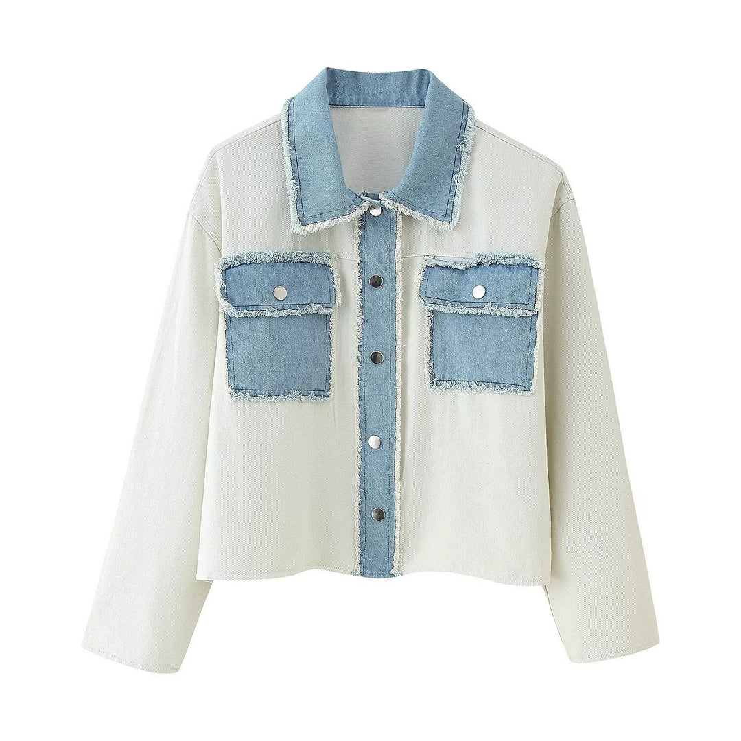 Cropped denim jacket for women with contrasting pockets and frayed hem Lune London