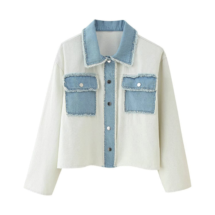 Cropped denim jacket for women with contrasting pockets and frayed hem Lune London