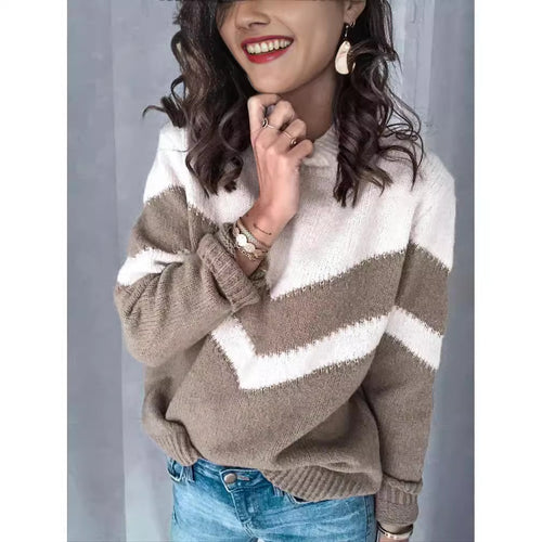 Pull en tricot pour femmes avec col en V et design chevron contrastant Chic & Stil