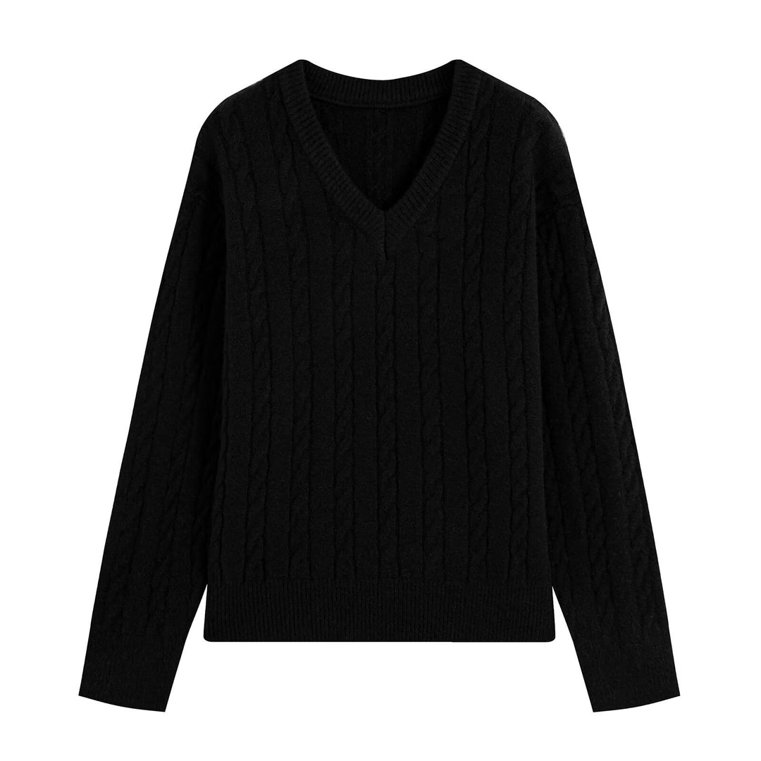 Women's Oversize Cable Knit Sweater with V-Neck and Wide Ribbed Cuff Amarae