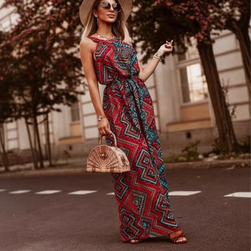 Maxi dress for women with floral pattern and adjustable belt Amarae